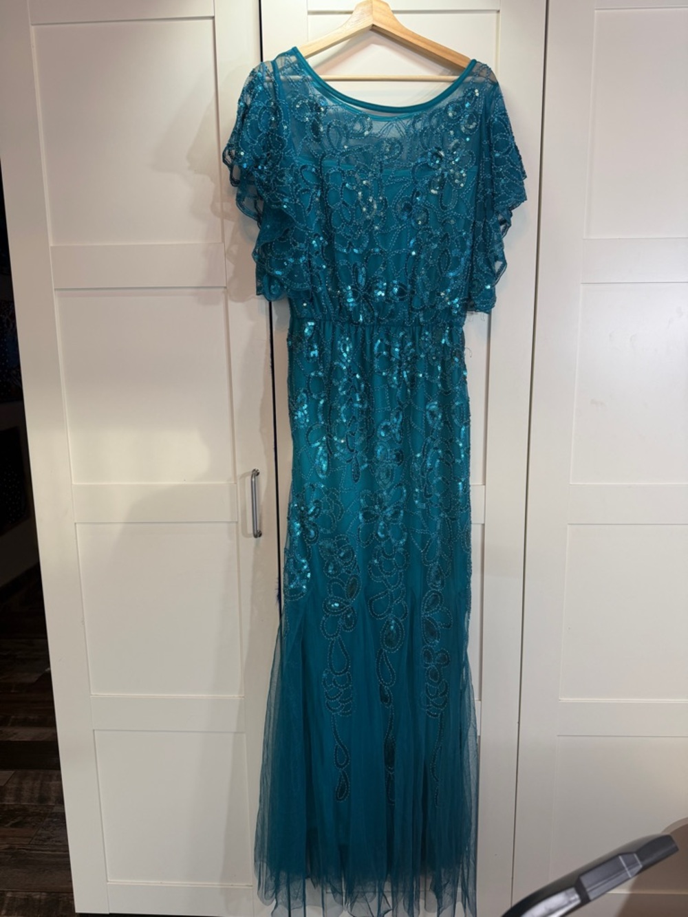 Embellished Teal Maxi Dress with Flutter Sleeves